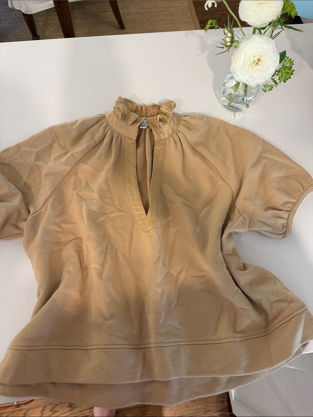 Women’s Ruffled Mock Neck Short Sleeve Top - Tan